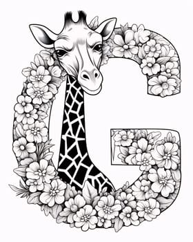 Graphic alphabet letters: Giraffe with floral capital letter G in black and white.