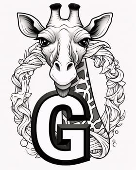 Graphic alphabet letters: Giraffe head with letter G in black and white illustration.