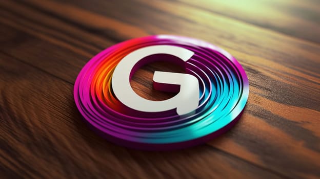 Graphic alphabet letters: 3d illustration of the letter G in a circle on a wooden background