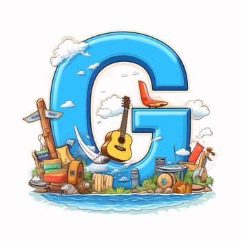 Graphic alphabet letters: Font design for the letter G with musical instruments on the island illustration