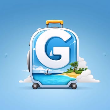 Graphic alphabet letters: Blue Suitcase with letter G for Summer Holidays. Vector Illustration