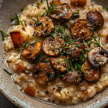 A close up of a dish featuring mushrooms and rice as main ingredients, served in a bowl. This cuisine dish may also include leaf vegetables and other produce