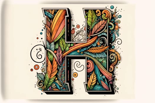 Graphic alphabet letters: Colorful vector hand drawn capital letter H with doodles and floral elements.