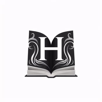 Graphic alphabet letters: Letter H in a book, black and white, vector illustration.