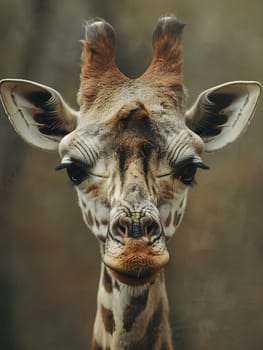 A Giraffe, a terrestrial animal from the Giraffidae family, is captured in a closeup shot with its eyes closed. Its snout and whiskers are visible, showing its peaceful demeanor in the wildlife