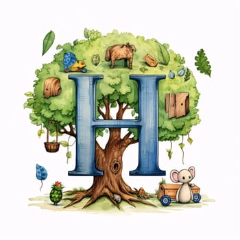 Graphic alphabet letters: Alphabet letter H with tree and animals. Hand drawn vector illustration.