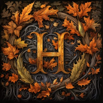 Graphic alphabet letters: Letter H with autumn leaves on black background. Vector illustration for your design