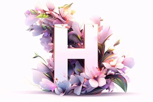 Graphic alphabet letters: letter h with flowers on white background. 3d render illustration.