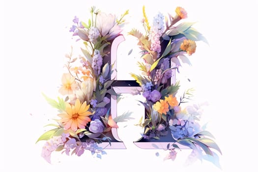 Graphic alphabet letters: Beautiful watercolor floral alphabet. Letter H. Hand drawn font.