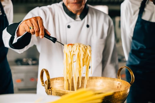 Chef teaches in kitchen. Schoolgirls in uniform make Japanese noodle. Kids at stove with teacher. Portrait of smiling students learning is modern education. Making dinner with ladle gives joy.