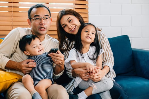 Family time is joy laughter and togetherness. A young family watches TV at home on a modern sofa with the father mother brother and sister all sharing precious moments of happiness.