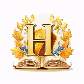 Graphic alphabet letters: Alphabet letter H with book and autumn leaves. Vector illustration.