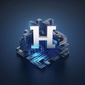 Graphic alphabet letters: Highly rendering of a h letter in futuristic shape on blue background