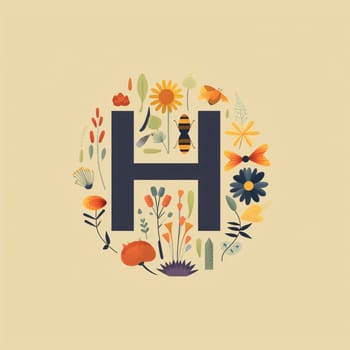 Graphic alphabet letters: H letter with flowers, leaves and bees. Vector Illustration.