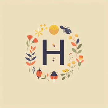 Graphic alphabet letters: H letter in floral frame. Hand drawn lettering. Vector illustration.