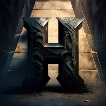 Graphic alphabet letters: 3D rendering of the letter H in an old abandoned building.