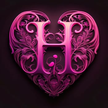 Graphic alphabet letters: Luxury heart with floral ornament on dark background. 3d render