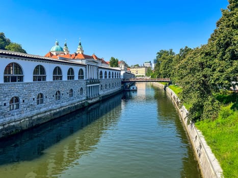 View of the Ljubljana river and the famous market square in Ljubljana on a sunny day. High quality photo