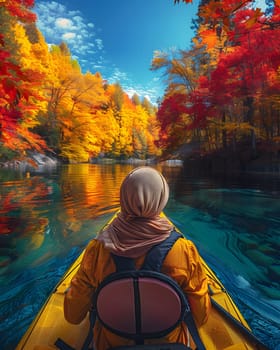 A woman in a hijab is peacefully kayaking on a serene river, surrounded by the beauty of nature. The sky is clear and the water is a dazzling orange color