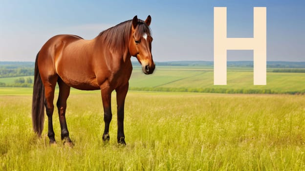 Graphic alphabet letters: Horse in the meadow with letter H. Rural landscape.