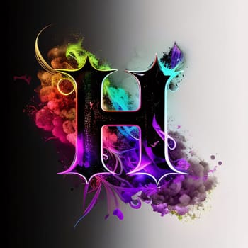 Graphic alphabet letters: Letter H with colorful smoke and floral elements on black background. 3d illustration
