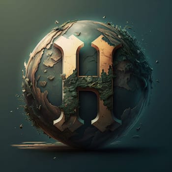 Graphic alphabet letters: Earth planet with grunge letter H. 3D render illustration.