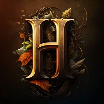 Graphic alphabet letters: Letter h with autumn leaves and floral elements. 3D illustration.