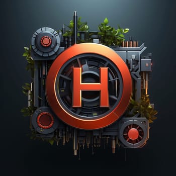 Graphic alphabet letters: letter h in futuristic style with gearbox and plants on dark background