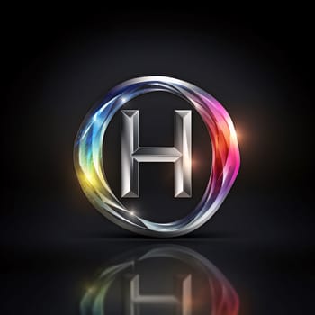 Graphic alphabet letters: Glossy metallic letter H in a circle, vector illustration.