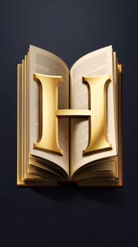 Graphic alphabet letters: Golden letter H on the open book. Education concept. 3D rendering