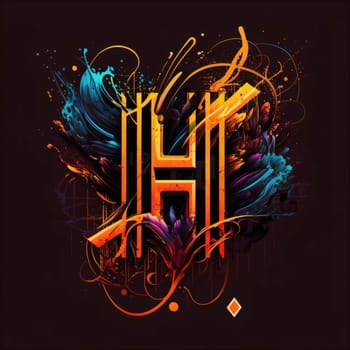 Graphic alphabet letters: H letter with colorful paint splashes on black background. Vector illustration.