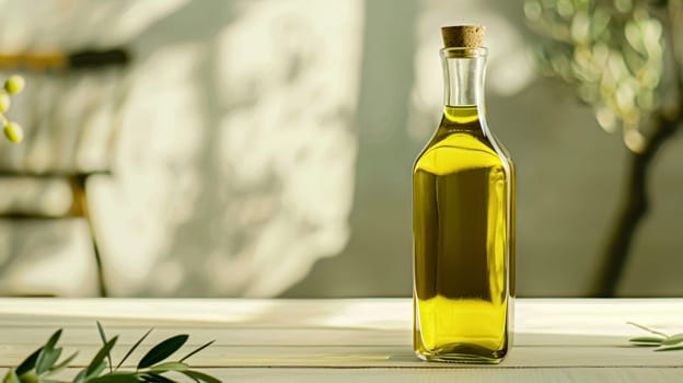 Olive oil bottle ad background with copyspace, vegetable oil commercial produce, food industry and retail concept