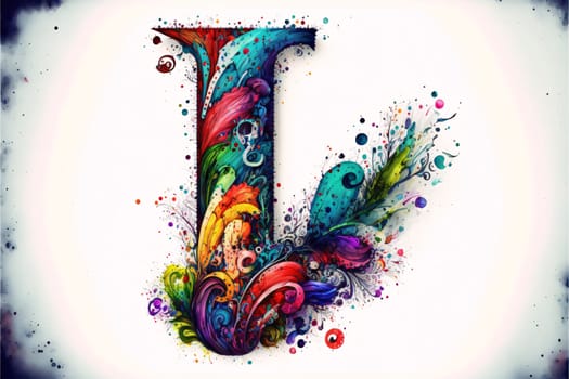 Graphic alphabet letters: Letter I filled with colorful abstract paint splashes. Grunge background