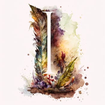 Graphic alphabet letters: Watercolor letter i with feathers, hand drawn illustration on white background