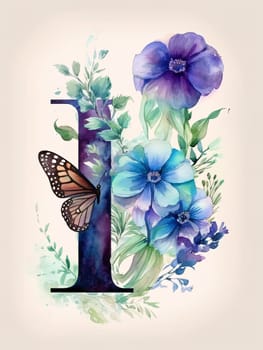 Graphic alphabet letters: Watercolor letter I with flowers and butterfly. Floral alphabet.