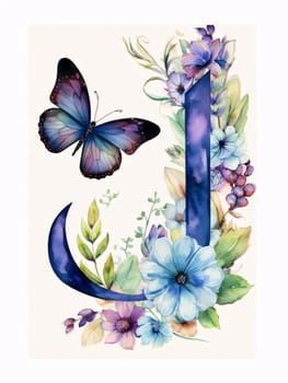 Graphic alphabet letters: Alphabet letter J with flowers, leaves and butterfly. Watercolor illustration