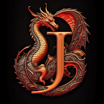 Graphic alphabet letters: Dragon letter j on a black background. 3d render illustration.