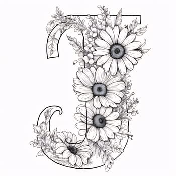 Graphic alphabet letters: Black and white floral alphabet, letter J. Hand drawn flowers and leaves.