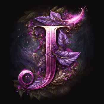 Graphic alphabet letters: Beautiful letter J with purple flowers and leaves on black background.