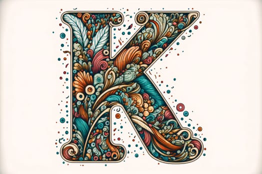Graphic alphabet letters: Hand-drawn letter K with floral ornament. Colorful vector illustration.