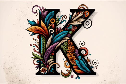 Graphic alphabet letters: Colorful hand drawn capital letter K with flowers and leaves. Vector illustration