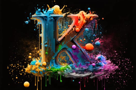 Graphic alphabet letters: Colorful paint splashes and drops forming letter K on black background