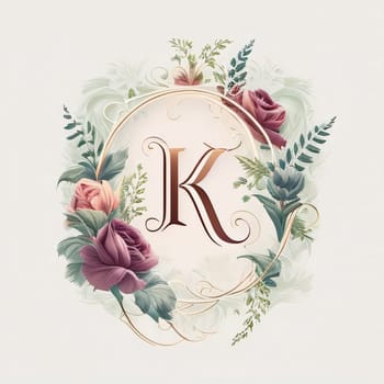 Graphic alphabet letters: Alphabet K in floral frame. Greeting card or invitation template