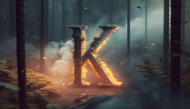 Graphic alphabet letters: The letter K is burning in the forest, 3d rendering.