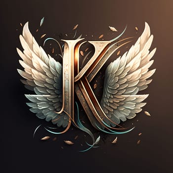 Graphic alphabet letters: Vintage letter K with wings and floral ornament. 3D rendering