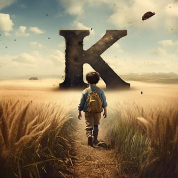 Graphic alphabet letters: Little boy walking in wheat field with letter K. Education concept.