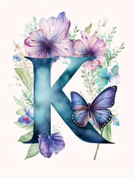 Graphic alphabet letters: Watercolor letter K with flowers and butterfly. Floral alphabet.
