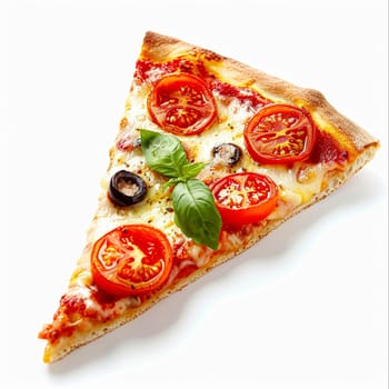 Pizza slice isolated on white background, online delivery from pizzeria, take away and fast food concept