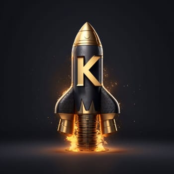 Graphic alphabet letters: Rocket in fire with letter K. 3d illustration. Space and technology concept.