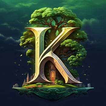 Graphic alphabet letters: Alphabet letter K with tree and castle in the background. 3D rendering